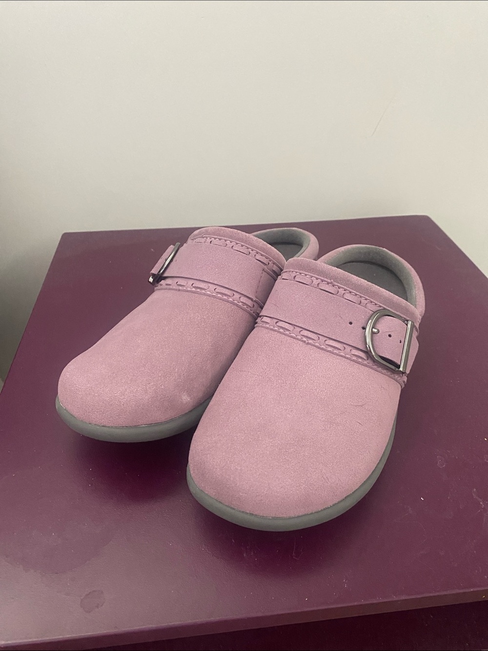 Revitalign Pink Suede Buckle Mule Shoes